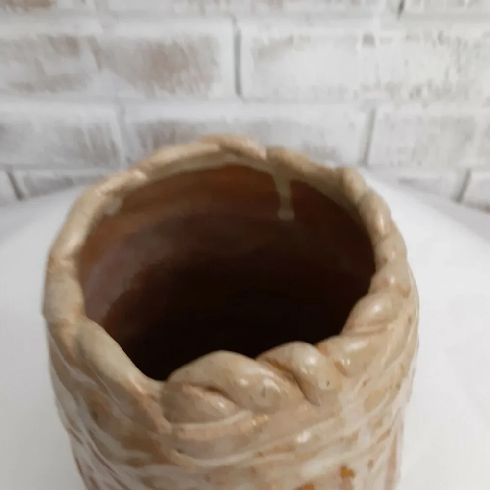 Masako Pottery Honey Bun Glazed Stone Ware Textured Column Vase Drizzled Glaze.